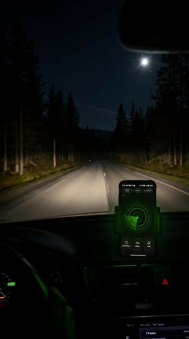 Bil på mørk norsk landevei med Sondar i mobilholderen